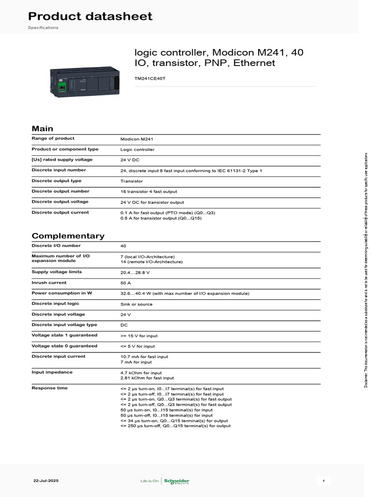 Schneider Electric Logic Controller Modicon M241 TM241CE40T | PDF ...