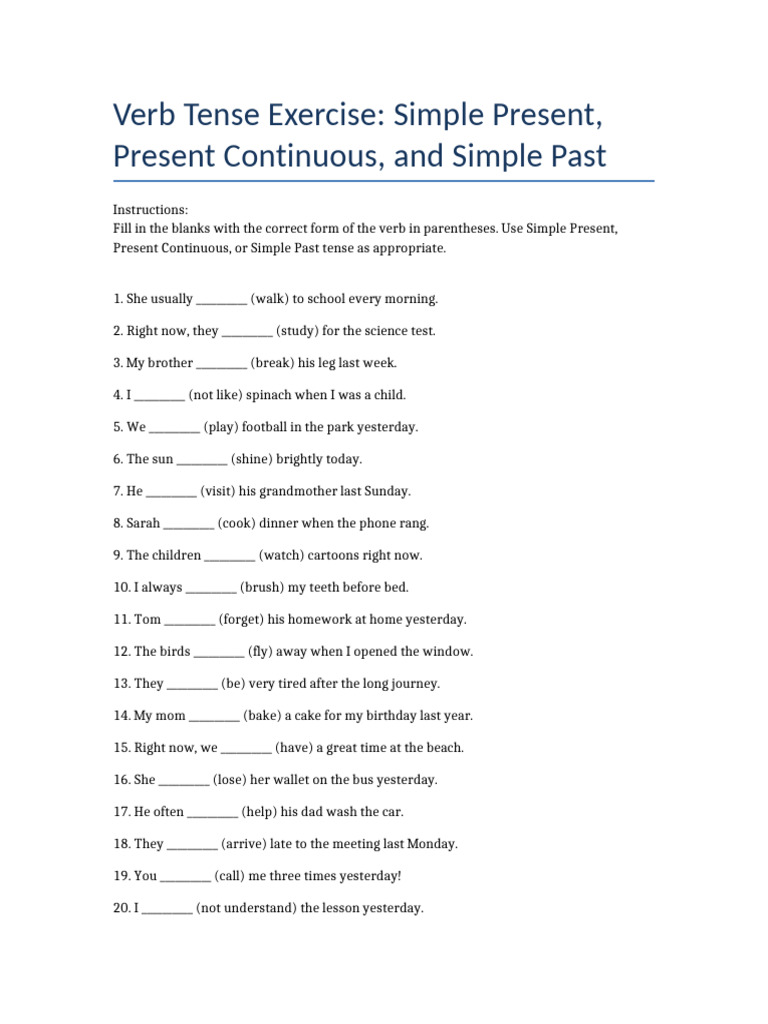 Mixed Tense Exercise 20 Sentences | PDF
