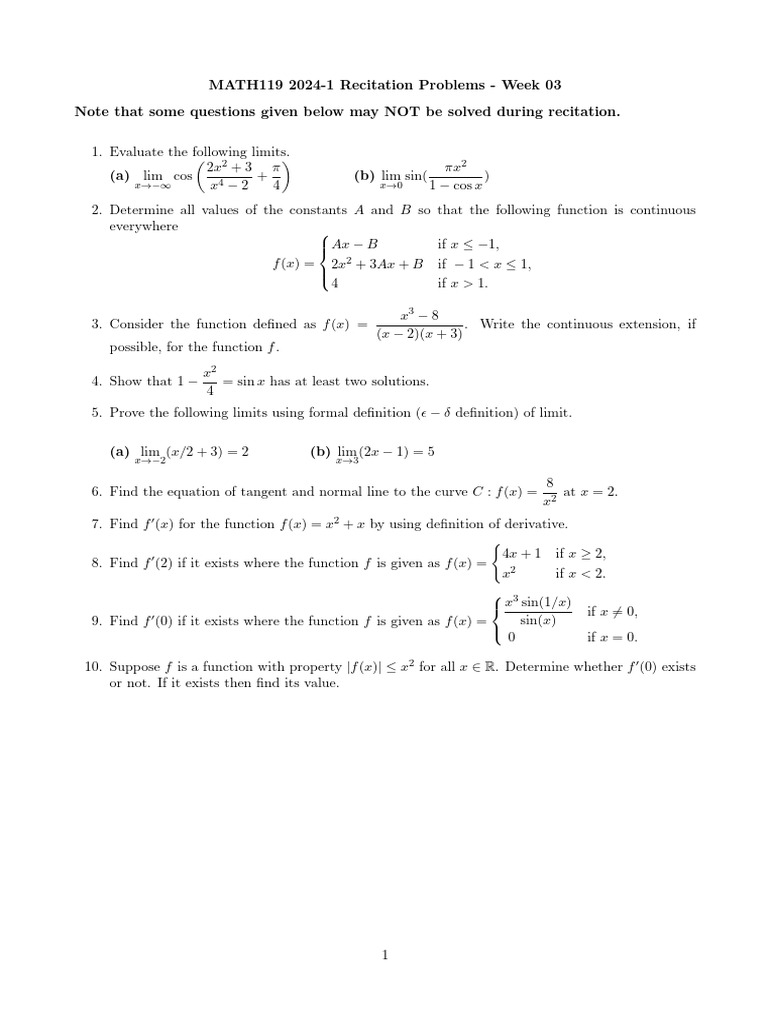 MATH119 Fall 2024 Recitation 3 | PDF | Function (Mathematics) | Mathematics
