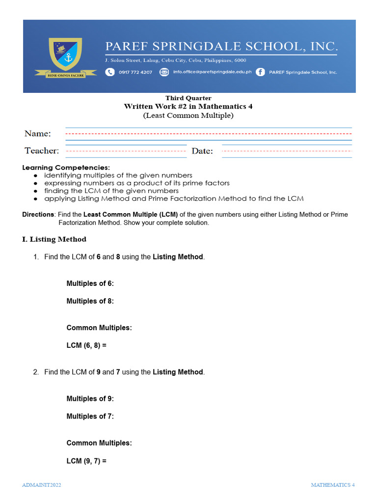 Written Work #2 - Least Common Multiple | PDF