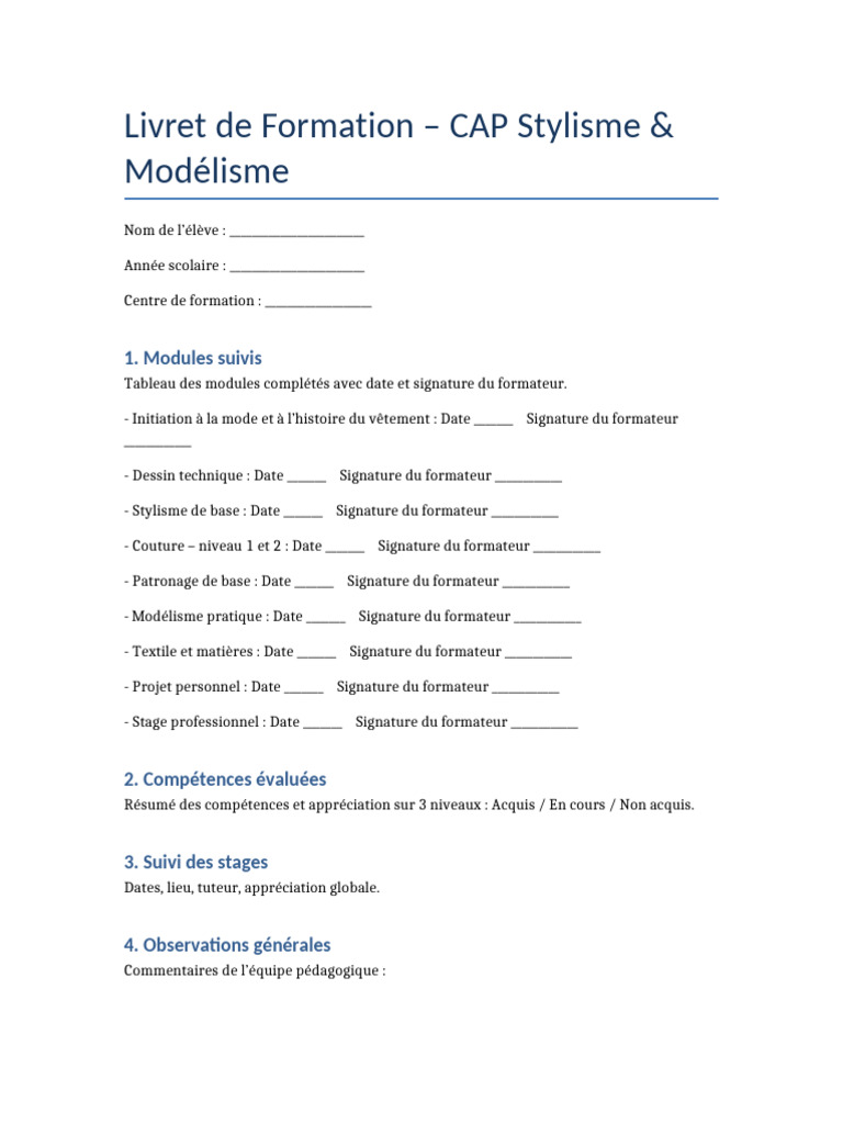 Livret de Formation CAP Stylisme & Modélisme | PDF