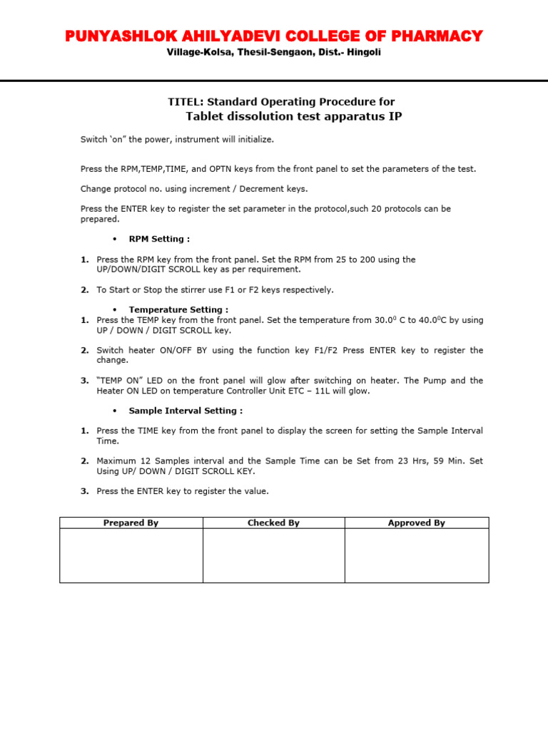 SOP for Tablet Dissolution Apparatus | PDF