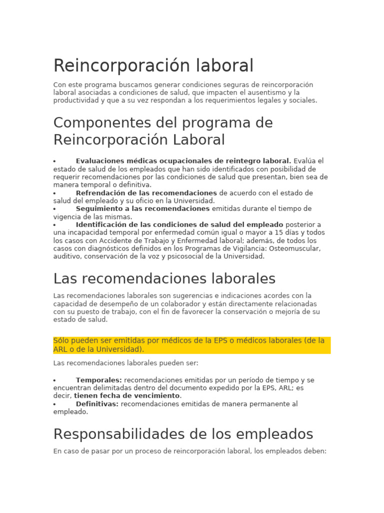 Programa de Reincorporación Laboral | PDF