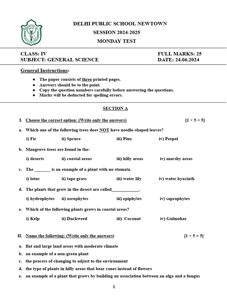 Cl.4 General Science MT 1 2024-25 | PDF | Leaf | Botany