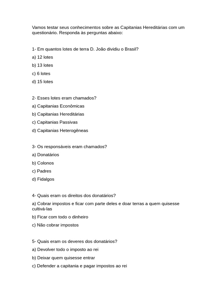 Questões sobre Capitanias Hereditárias | PDF
