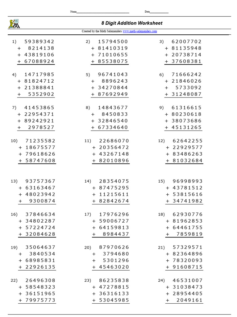Long Addition Math Salamanders Generated Worksheet | PDF
