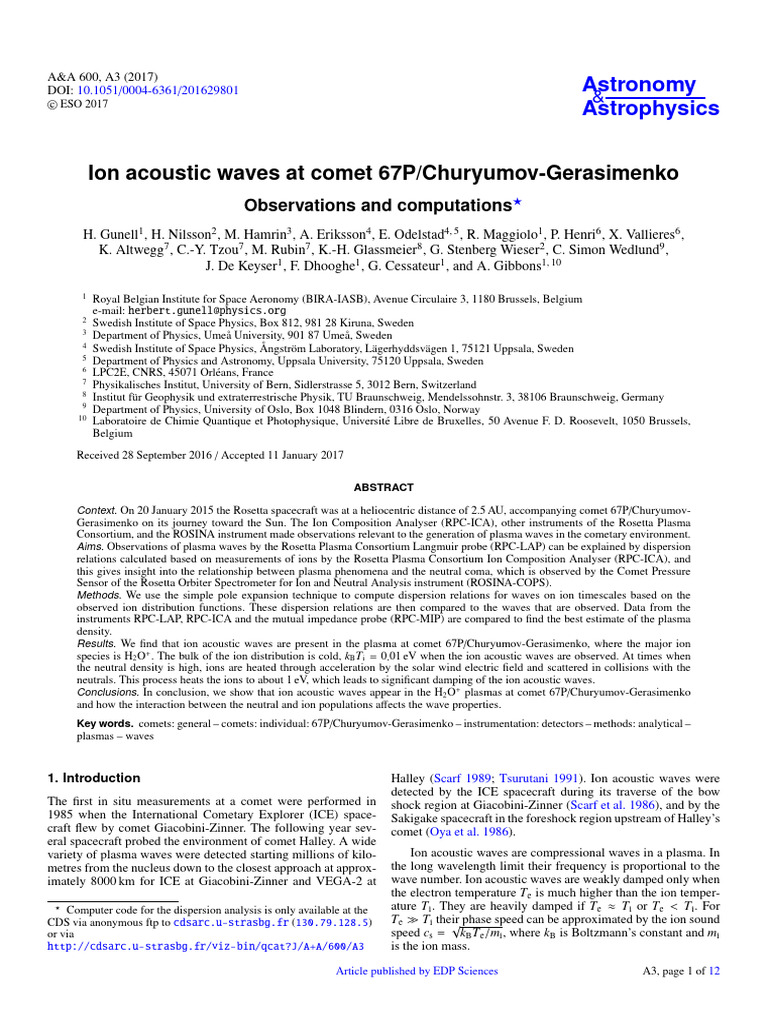 Ion Acoustic Waves at Comet 67P Churyumo | PDF | Comet | Plasma (Physics)