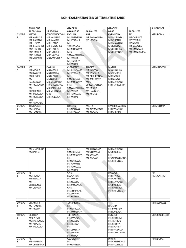 End of Term 2 Time Table 2025 | PDF