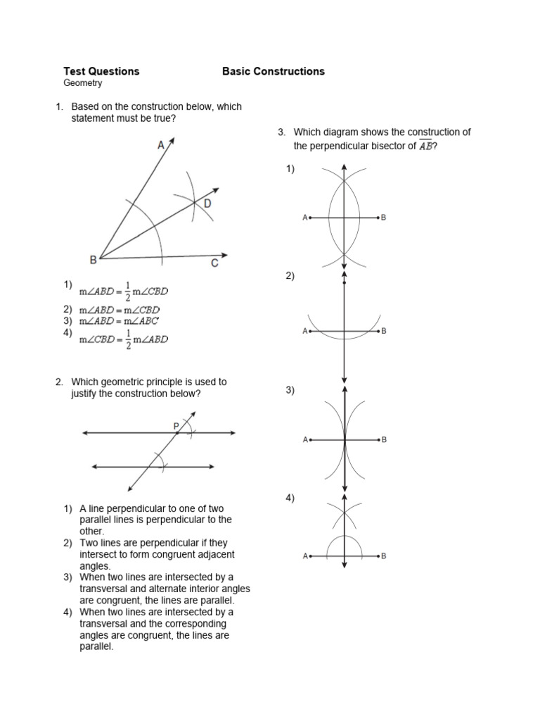 Geometry Constructions Test Questions | PDF | Perpendicular | Line ...