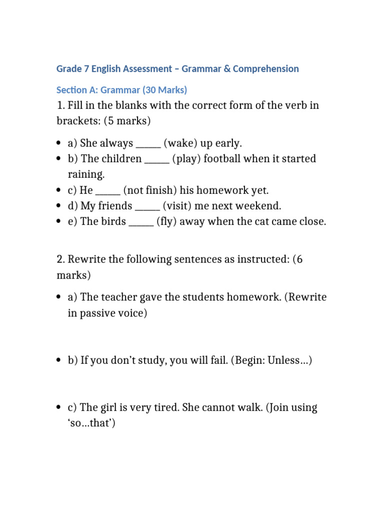 Grade 7 English Grammar & Comprehension Test | PDF | Linguistics