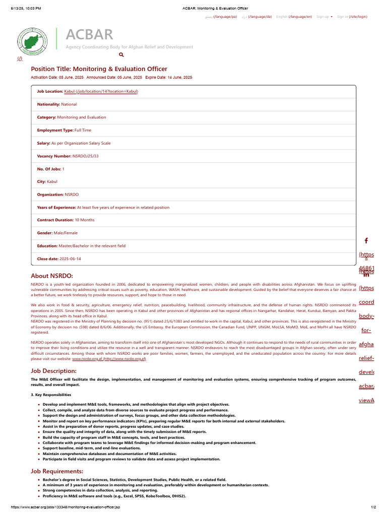 ACBAR - Monitoring & Evaluation Officer | PDF | Afghanistan | Evaluation