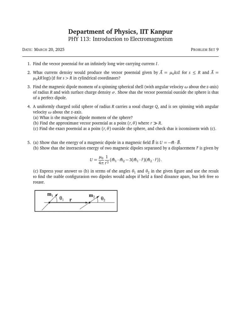 PHY 113 Electromagnetism Problem Set 9 | PDF