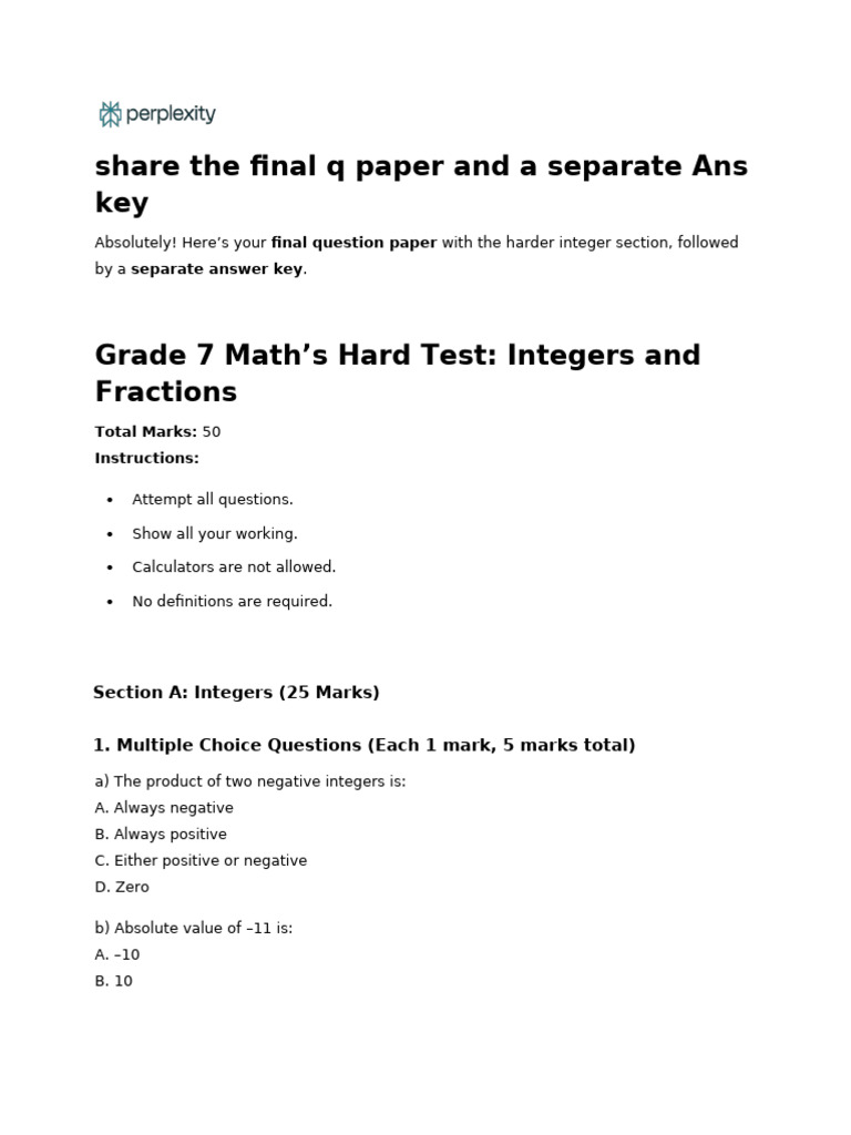 Grade 7 Math Test: Integers & Fractions | PDF | Integer | Numbers