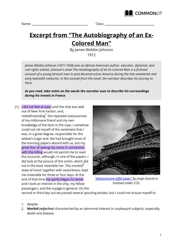 4 Resource 3 MYP 4E Excerpt From The Autobiography of An ExColored Man ...