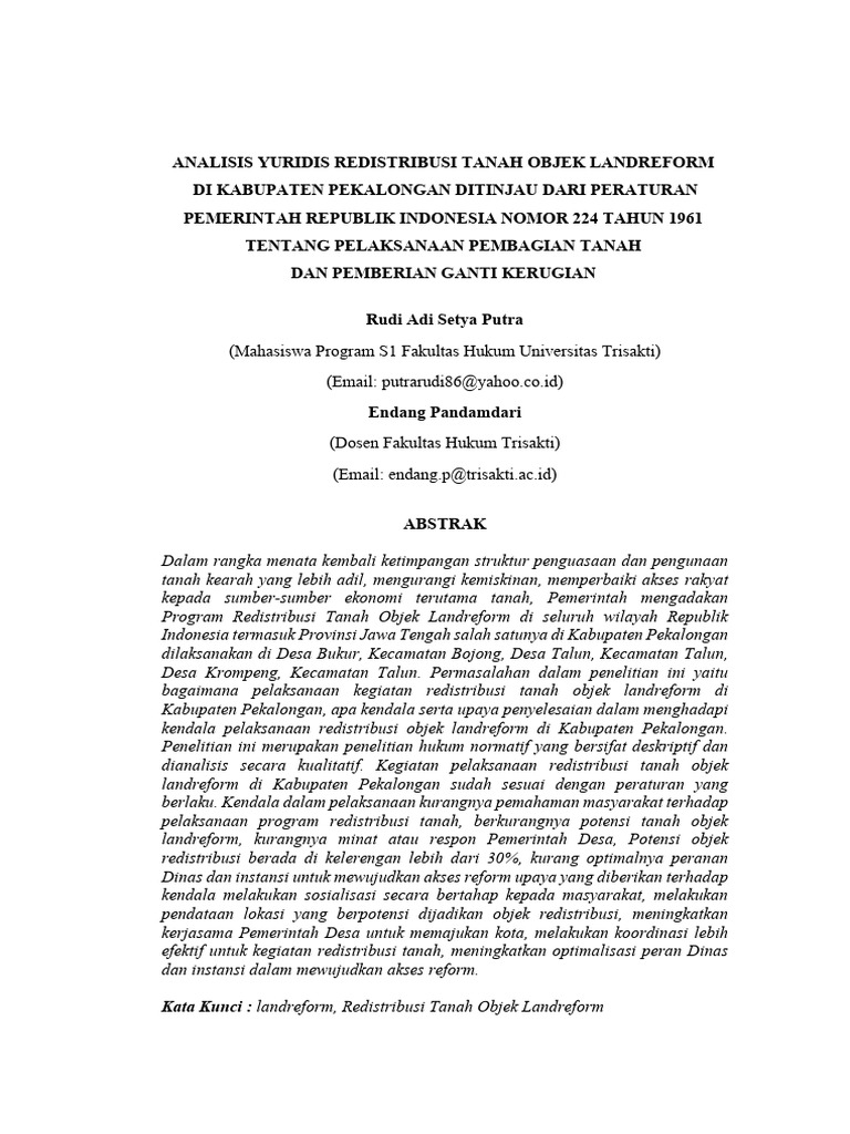 Analisis Yuridis Redistribusi Tanah Objek Landreform | PDF