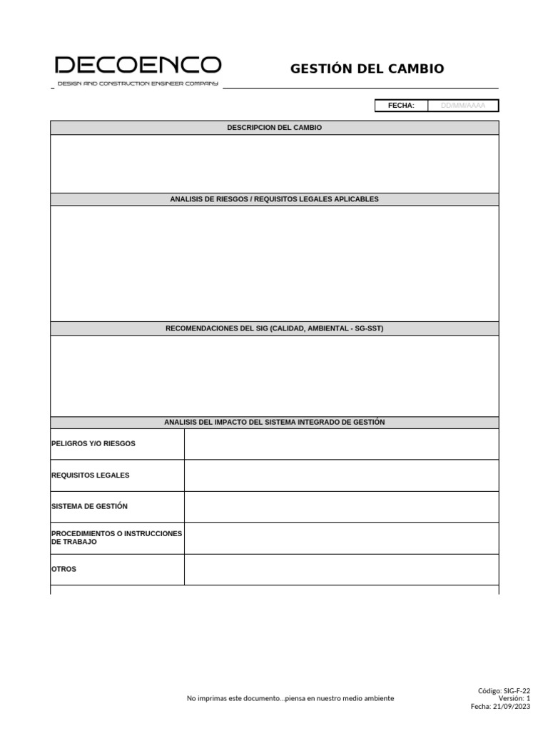 SIG-F-22 Gestion Del Cambio | PDF