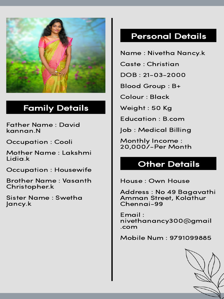 Personal Profile of Nivetha Nancy.k | PDF