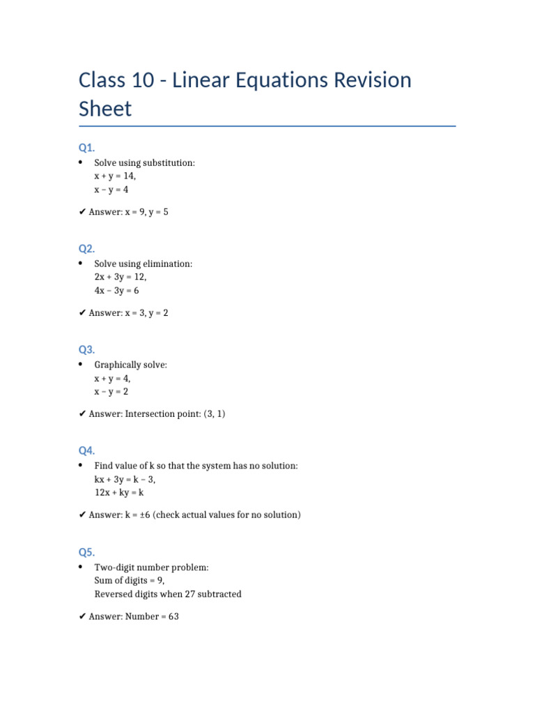 Class 10 Linear Equations Revision Guide | PDF