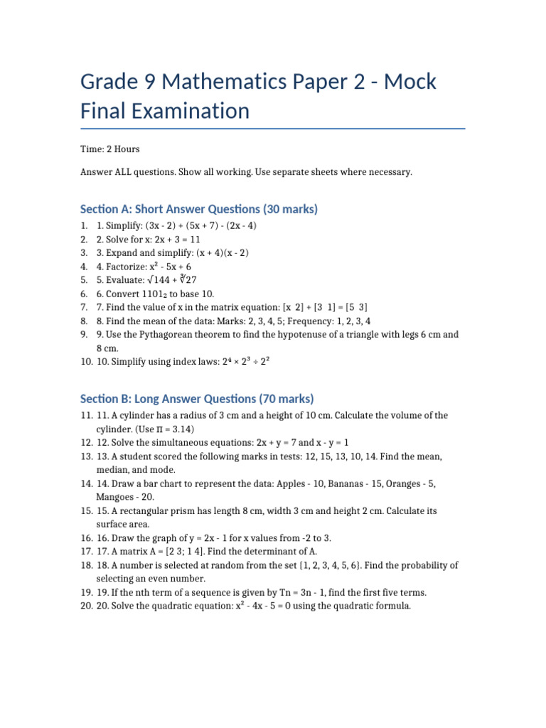 Grade 9 Maths Mock Exam Paper | PDF