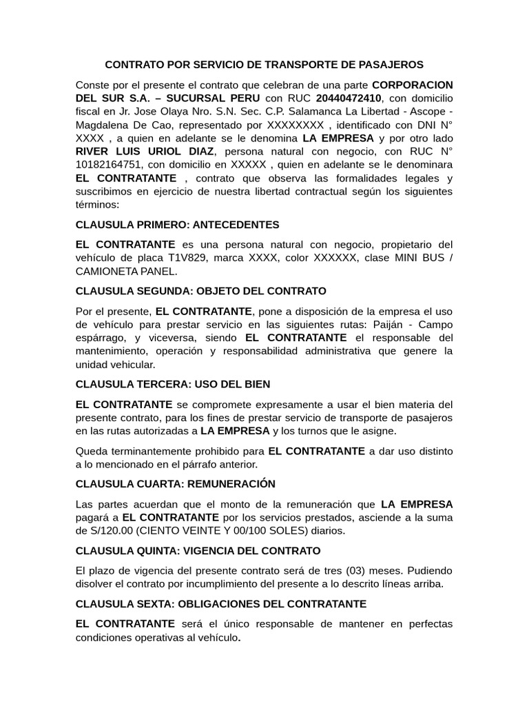 Contrato de Transporte de Pasajeros | PDF