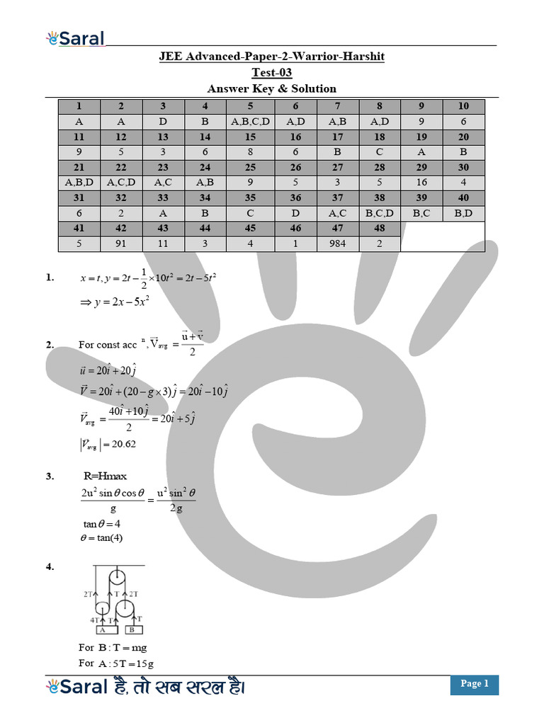 JA Paper 2 Warrior Harshit Test 03-29-06 2025 PH+CH+MT V1.5 Ans. Key ...