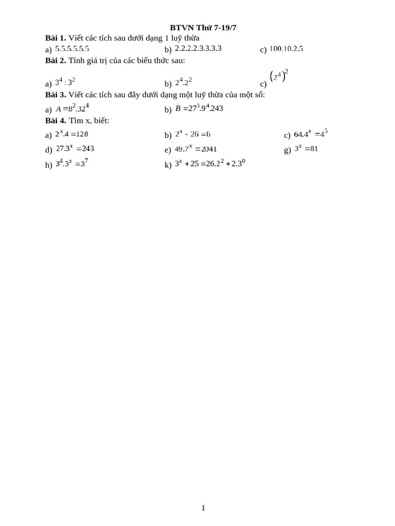 Bai Tap Luy Thua Voi So Mu Tu Nhien Be5b5 | PDF