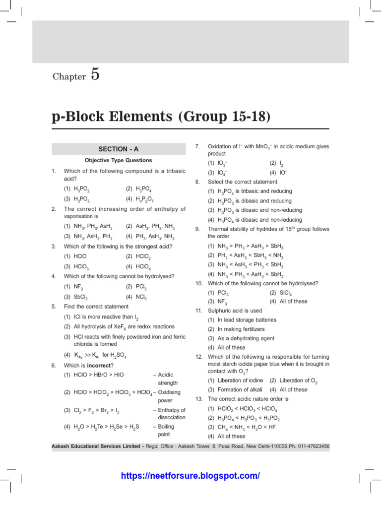 NEET p-Block Elements Quiz Questions | PDF | Chlorine | Redox