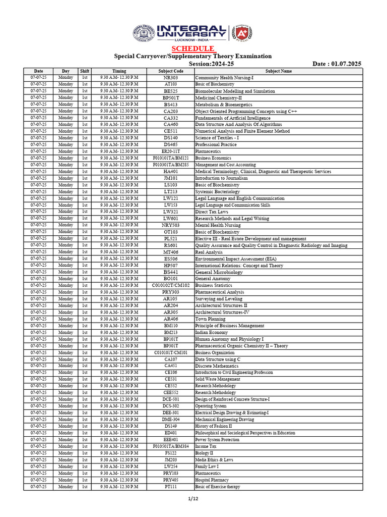 Exam Schedule for July 2025 | PDF | Engineering | Biotechnology