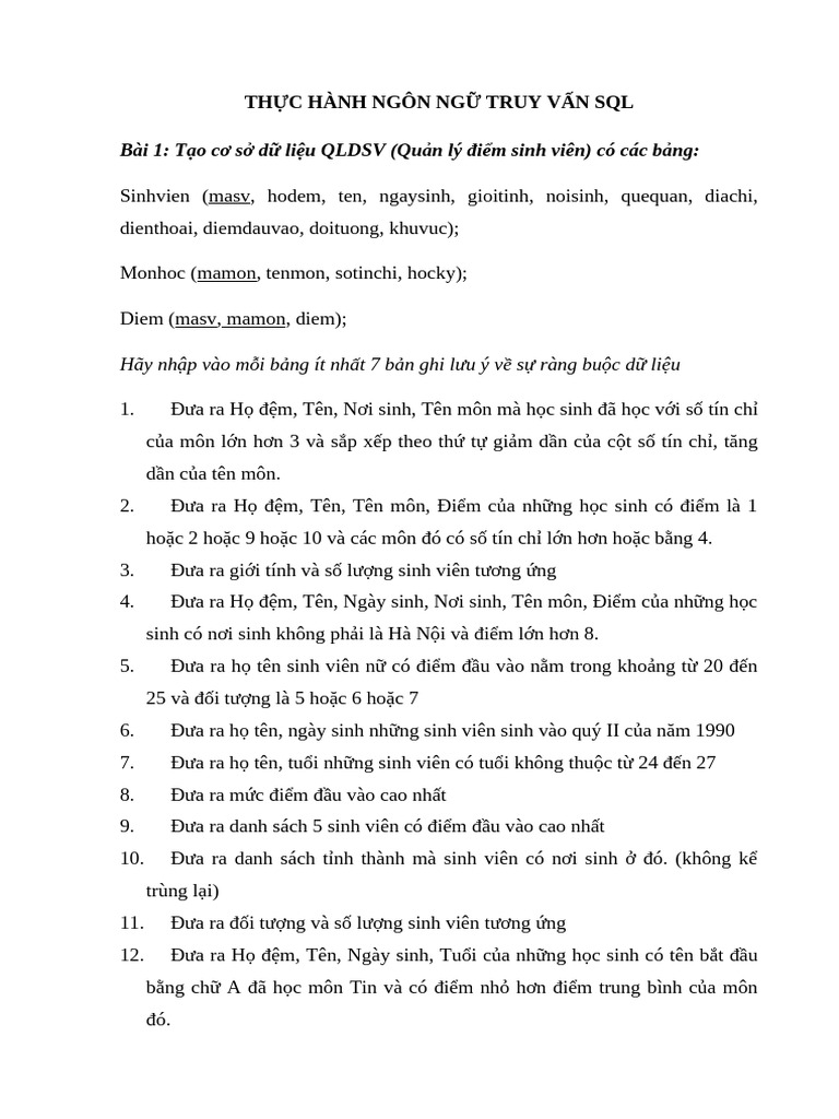 Bai Thuc Hanh SQL | PDF