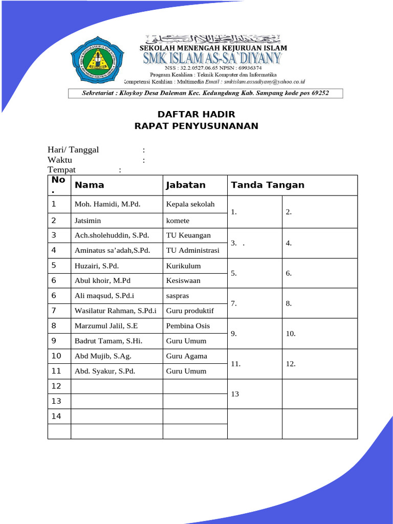 Daftar Hadir Rapat Pembukaan Jam'iyah | PDF