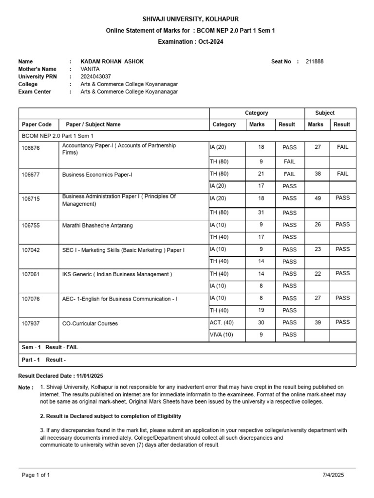B.Com NEP 2.0 Sem 1 Marks Report | PDF | Business | Economies