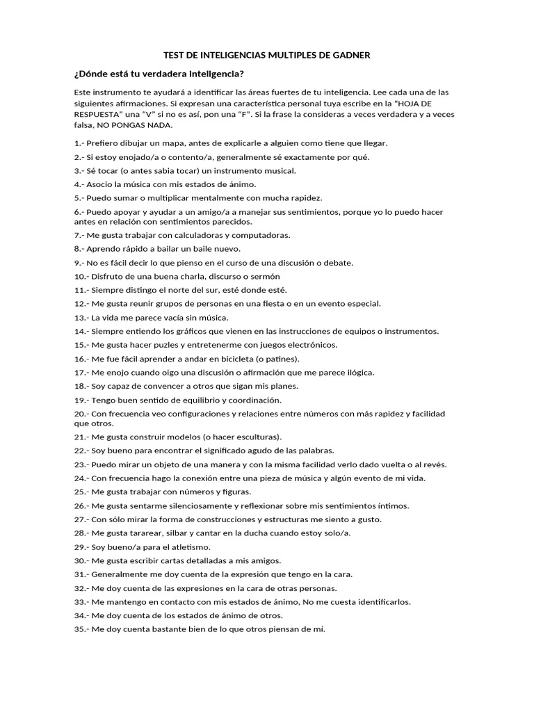 Test de Inteligencias Múltiples de Gardner | PDF