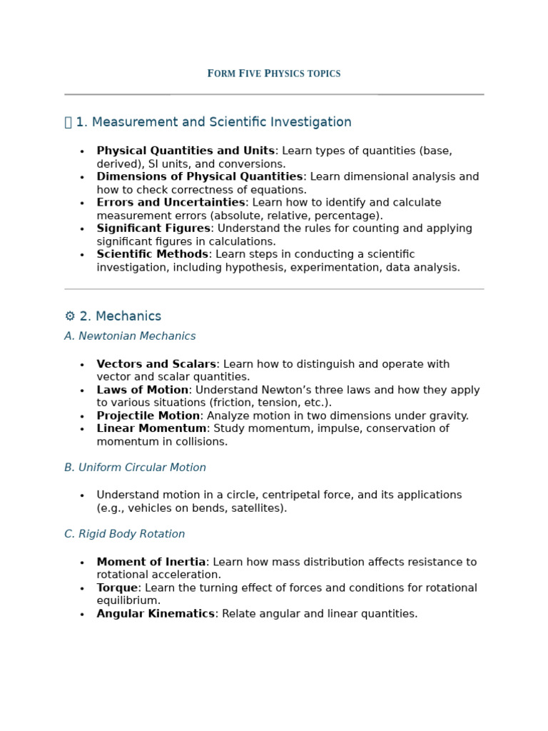 Form Five Physics Topics Overview | PDF | Newton's Laws Of Motion ...