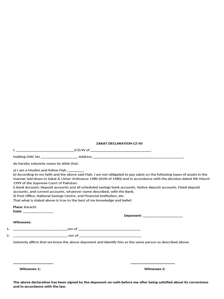 Zakat Declaration Form Sample CZ-50 | PDF