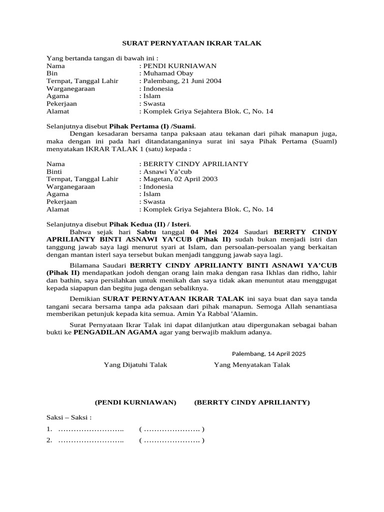 Ikrar Talak Pendi Kurniawan-Berrty | PDF