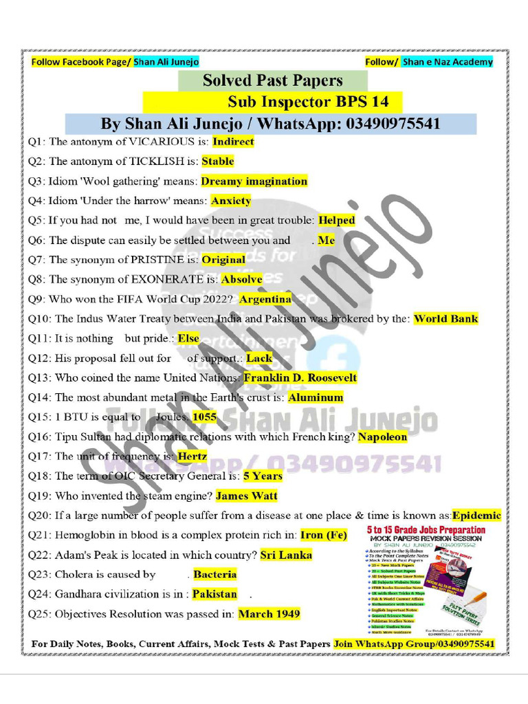 Sub Inspector Solved MCQs by Shan Ali Junejo 03490975541 03490975542 | PDF