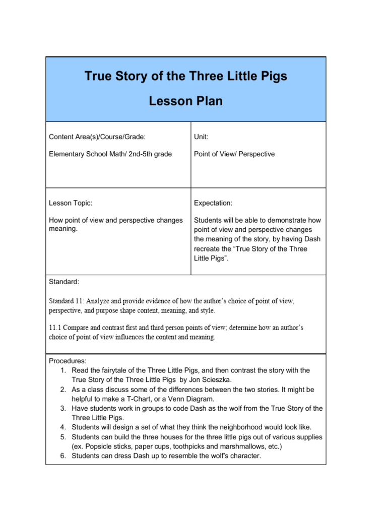 True Story of The Three Little Pigs Lesson Plan | PDF