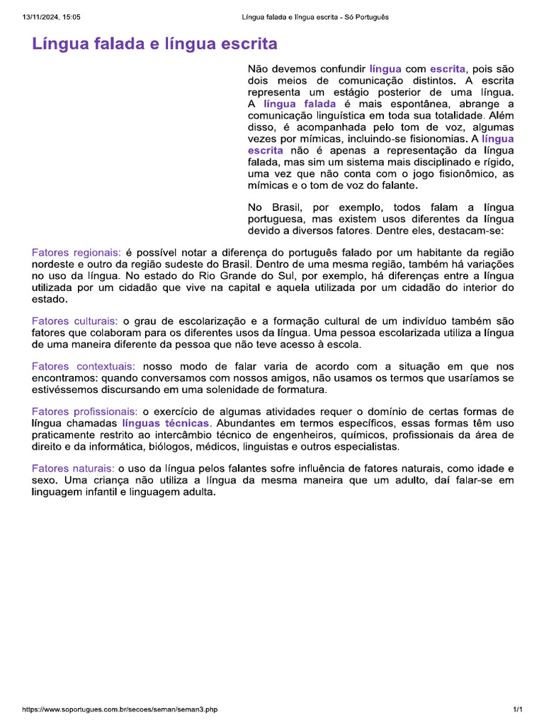 Língua Falada e Língua Escrita - SÓ PORTUGUÊS | PDF