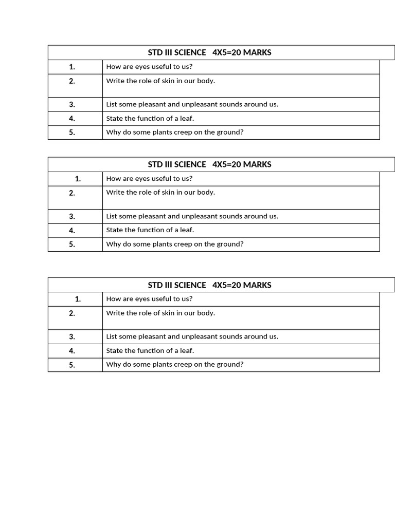 STD III Science Exam Questions | PDF