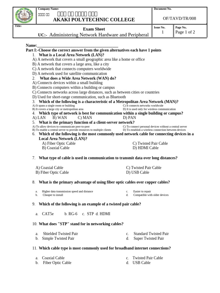 Network Hardware Exam Sheet | PDF | Network Topology | Computer Network