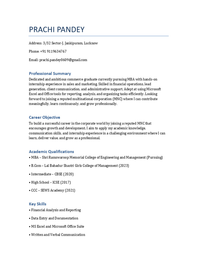 MBA Graduate with Sales Internship Experience | PDF | Communication ...