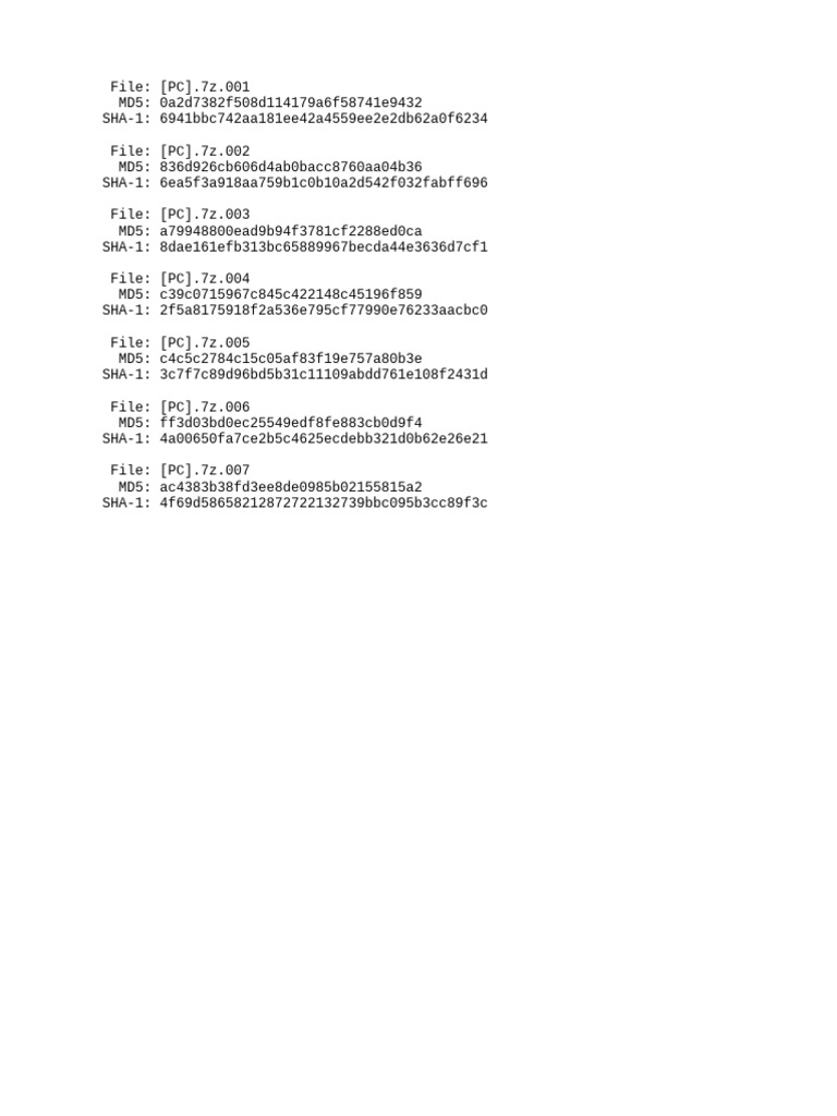 PC 7z File Parts with Hashes | PDF