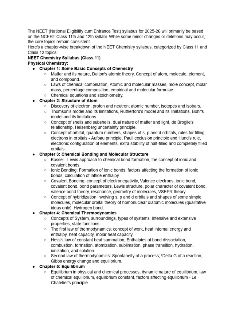 NEET 2025-26 Chemistry Syllabus Overview | PDF | Chemical Bond ...