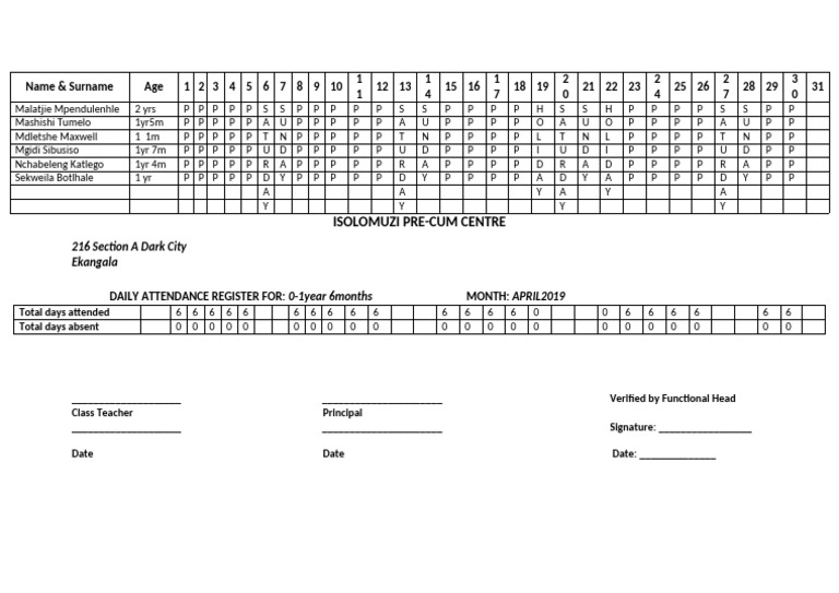 Daily Attendance Register for Infants | PDF
