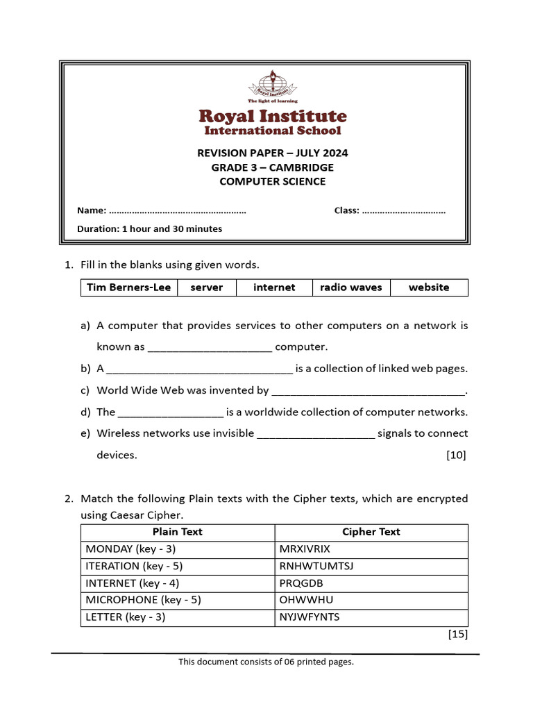 Grade 3 Computer Science Revision Paper | PDF | World Wide Web ...