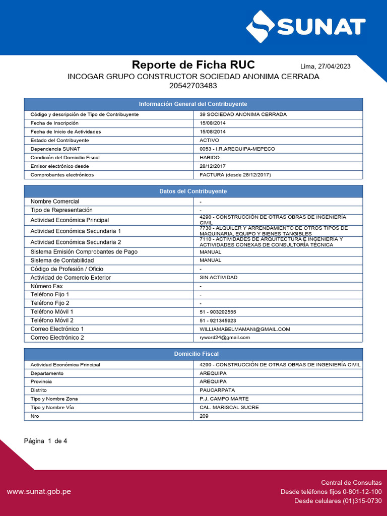 Ficha Ruc Incogar | PDF | Industrias de servicio | Telecomunicaciones