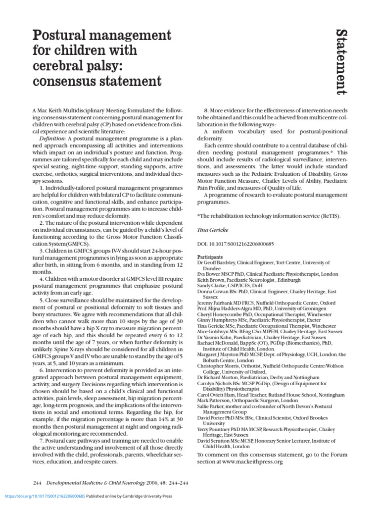 Postural Management for Cerebral Palsy | PDF | Cerebral Palsy ...
