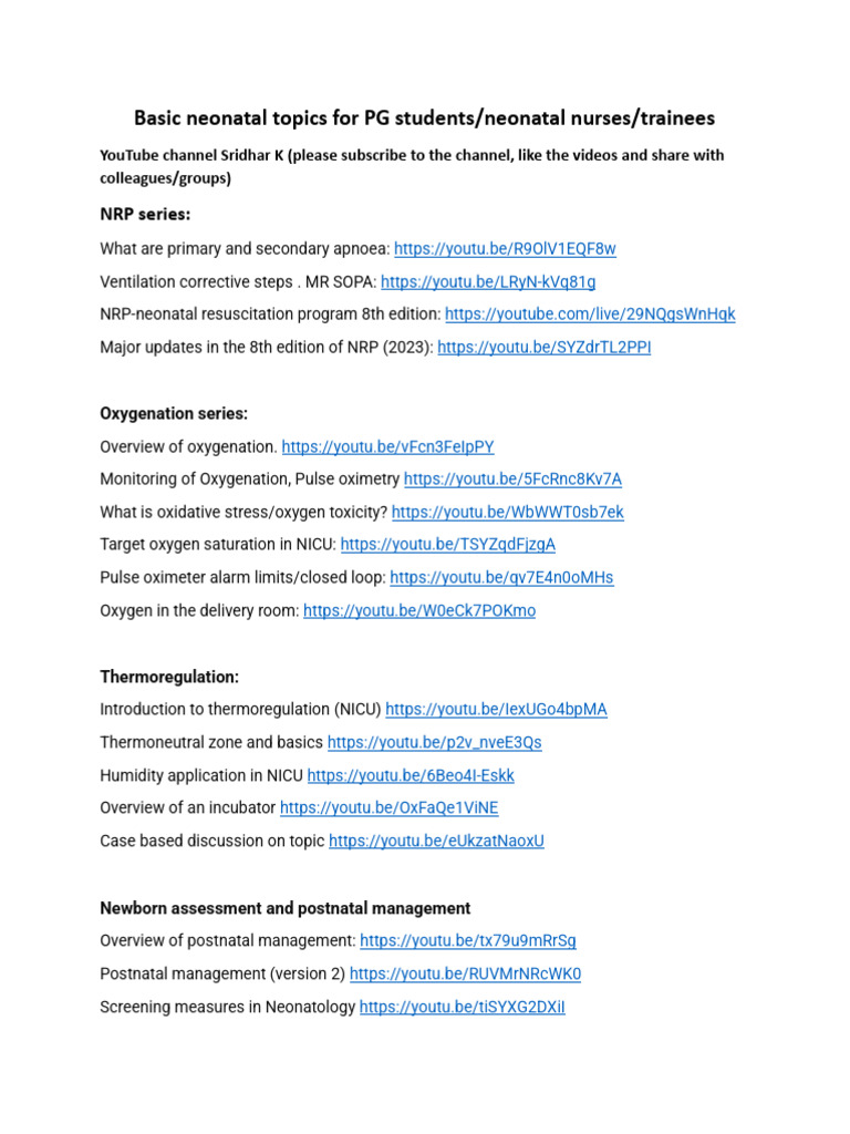 Basic Neonatal Topics For PG Students Index For Videos | PDF | Neonatal ...