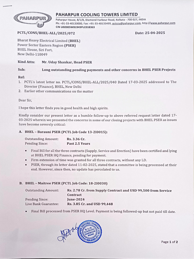 BHEL Payment Follow-Up Letter | PDF | Payments | Money