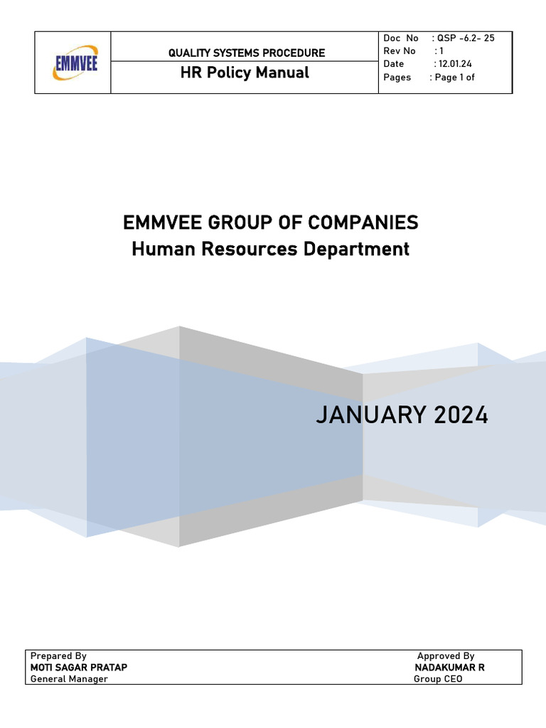 Emmvee HR Policy Manual 2024 | PDF | Photovoltaics | Solar Power